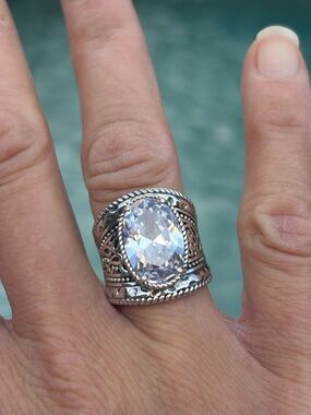 Large Oval CZ Sterling Silver Statement Ring 925 Vintage Boho Filigree Wide Band